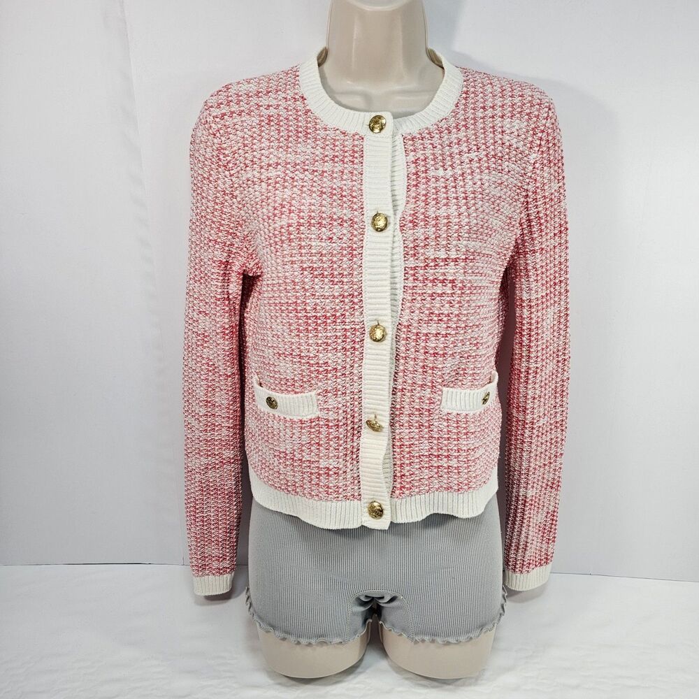 J.Crew Factory Popcorn-Stitch Lady Jacket Cardigan Sweater Pink White Size Small